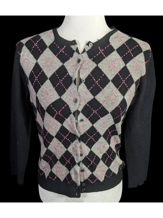 Preppy J.Crew Vintage Womens Cashmere Argyle Cardigan Sweater - Black/Gray/Pink - Picture 1 of 10